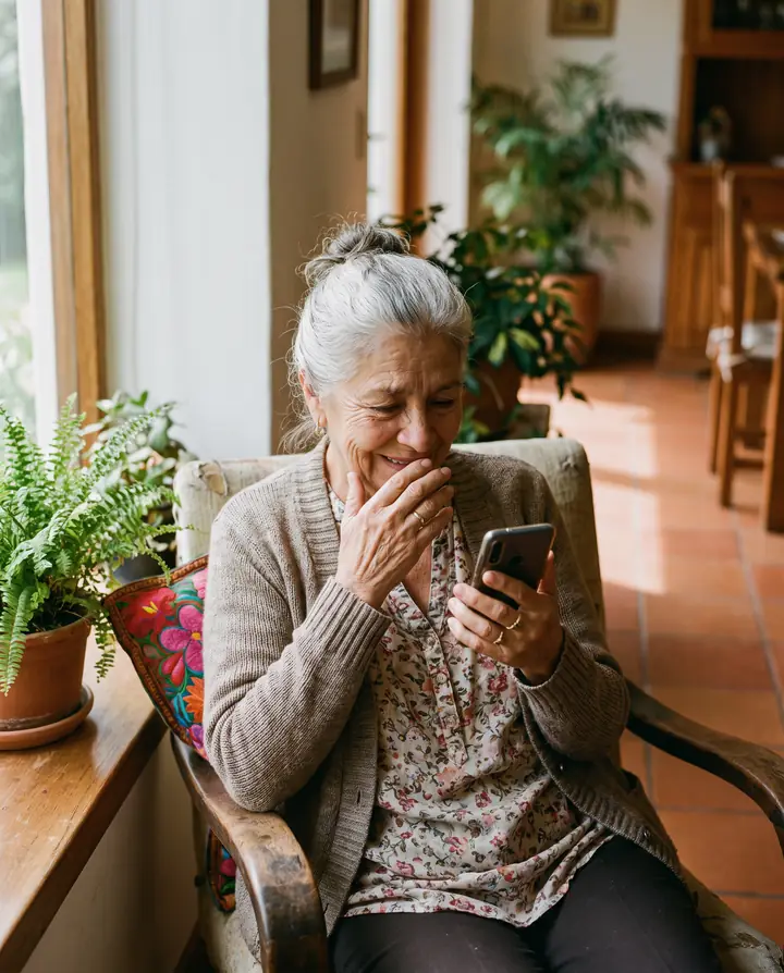 Una señora mayor sonríe emocionada mientras mira su celular